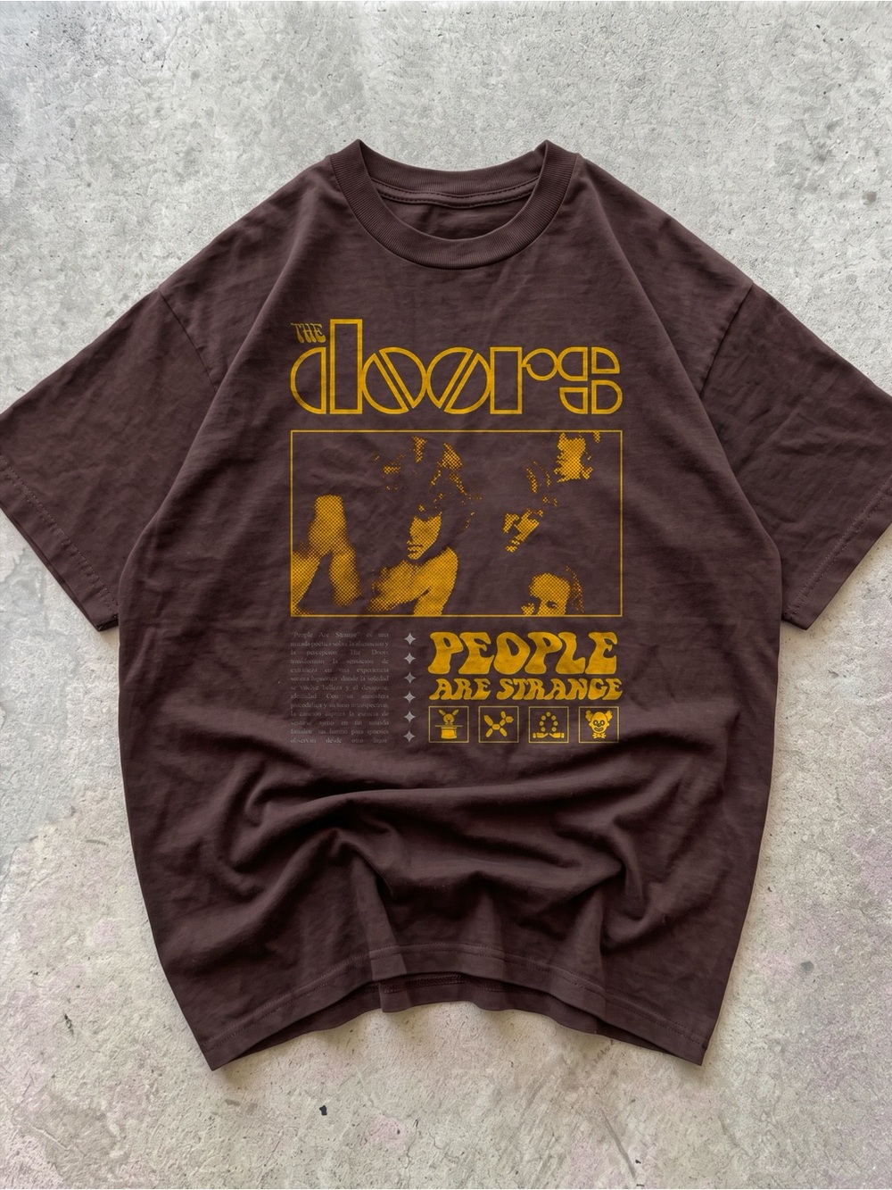 Gildan Brown Tee with Yellow The Doors 'People Are Strange' Graphic